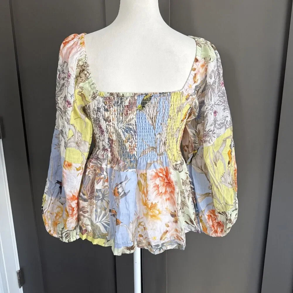 Banana Republic Womens M Multicolor Bird Floral Ramie Twist Front Blouse Top